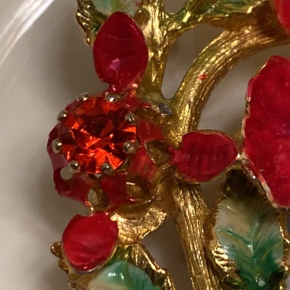 Vintage Made in Austria enamel rhinestone red flower brooch- 2 1/2” x 1 1/2” - Picture 5 of 11